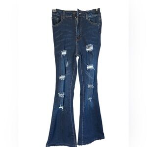 Sweet Look Dark Wash Distressed Flare Jeans Y2K Stretch Bell Bottom Denim Size 5